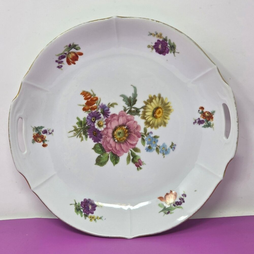 Vintage Bavaria Floral Porcelain Decorative Serving‎ Plate With Handles